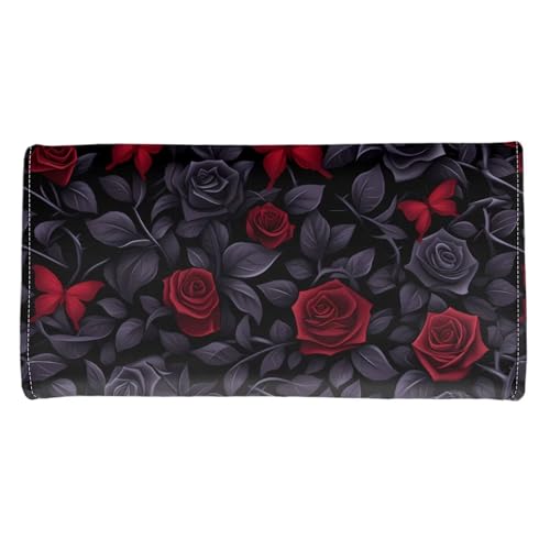 Gothic Black Roses Womens Wallets Cash Clutch Bag Faux Leather, Red Butterfly Rose Flowers Long Billfold with Zipper Coin Pocket, Credit Card Wallet3