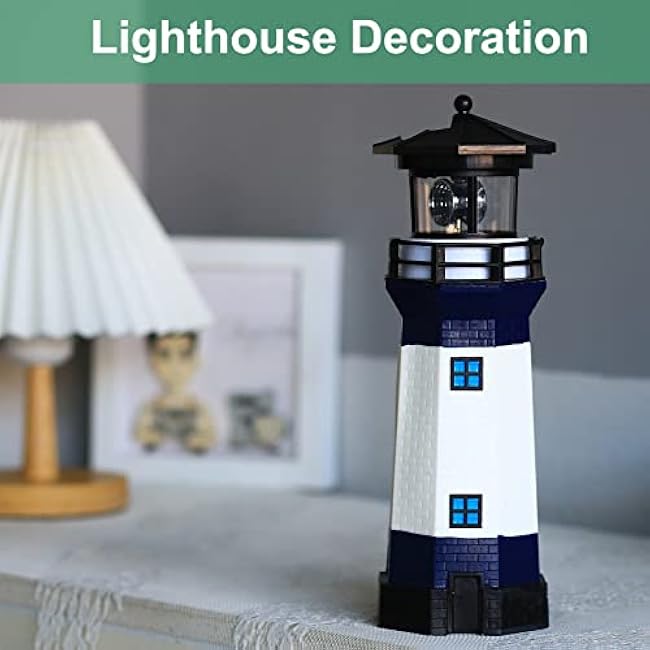 Lighthouse with Rotating Beacon LED Lights - Solar Lighthouse Lamp Outdoor Decorative for Garden Patio Well Cover Gifts(Blue2)