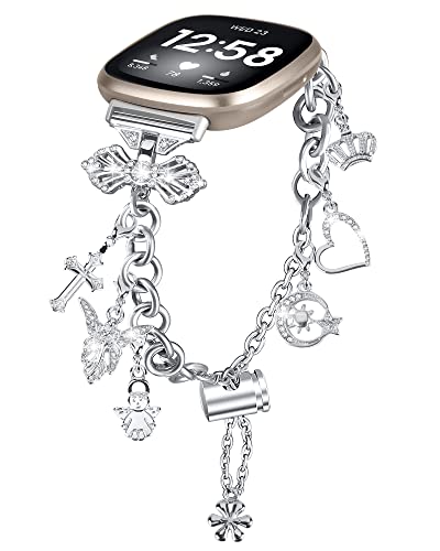 Gimuk Strap Compatible with Fitbit Versa 4/3, Women's Adjustable Stainless Steel Bling Diamonds Replacement Strap, Silver