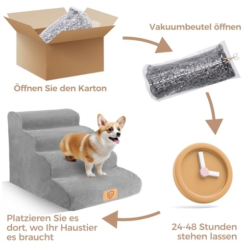 MASTERTOP Hundetreppe 4 Stufen, Hunderampe für Sofa aus Hochdichtem Schaumstoff, Haustiertreppe mit Waschbarem Plüschbezug und Rutschfestem Boden für Große/Kleine Katzen und Hunde, Grau