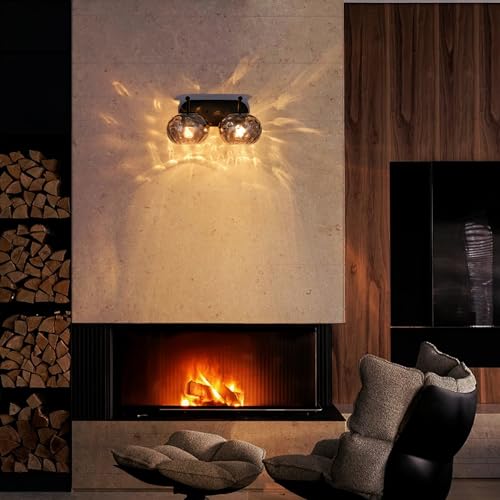 Image of Matte Black Vanity Light Smoked Grey Hammered Glass Wall Sconce 2-Light Modern Mid-Century Wall Lamp for Hallway Living Room Stairwell Bathroom Over Mirror