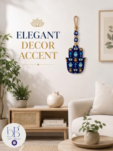 Image of Evil Eye Hamsa Hand Hanging for Home Decor, Nazar Battu Protection Wall Hanging, Hamsa Hand Ornament with Evil Eye Beads, Entrance Door Decor, Housewarming Gift, Office Decoration