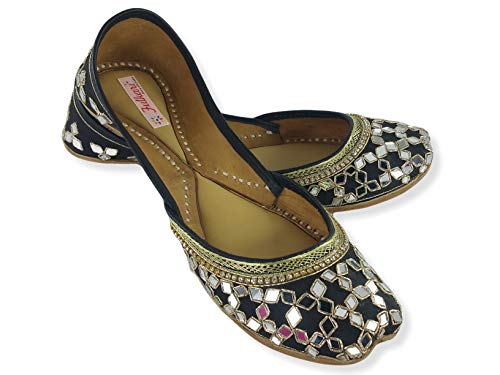 Image of Fulkari Women's Mirror Genuine Soft Leather Juttis | Bite and Pinch Free Jutis | Ladies Punjabi Jutti | Wedding Flat Stylish Mojari | Phulkari Ethnic Flats For Girls |