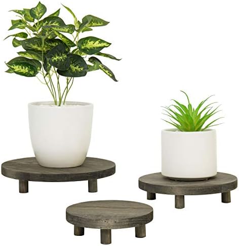 MyGift Round Plant Stand, Set of 3 - Vintage Gray Solid Wood Garden Flower Pot Riser Display Stands, Mini Wooden Plant Holder Tabletop Stand for Potted Plants