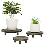 MyGift Round Plant Stand, Set of 3 - Vintage Gray Solid Wood Garden Flower Pot Riser Display Stands, Mini Wooden Plant Holder Tabletop Stand for Potted Plants