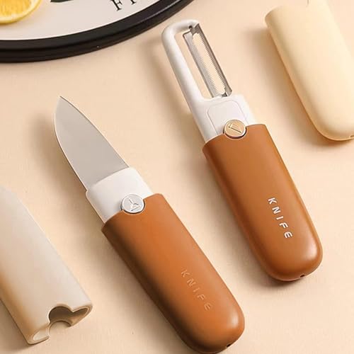 Image of 2 in 1 Stainless Steel Fruit Knife and Peeler - Portable Folding Kitchen Tool with Protective Cover, Compact Vegetable Cutter for Fruits, Outdoor Travel and Daily Cooking Use (Knife Peeler) multicolor