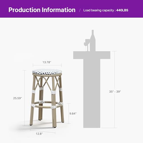Image of PURPLE LEAF Patio Round Counter Height Stool Set of 2 Outdoor Backless Barstools Aluminum Frame in Champagne Finish with White & Blue Woven Rattan for Indoor Kitchen Dining Bistros Cafe Restaurant