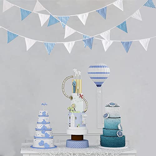 Image of Zwiebeco 32Ft Blue White Plaid Dot Fabric Bunting Banner Triangle Flags Cotton Garland Pennant for Birthday Wedding Baby Shower Engagement Tea Party Classroom Nursery Home Outdoor Garden Decorations
