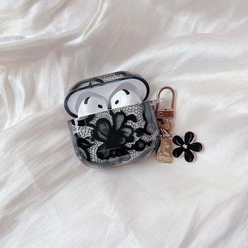 Image of MINSCOSE for AirPods 4 Clear Case,Cute Lace Flower Pattern Design with Trendy Keychain,Soft TPU Protective Shockproof Cover with Cleaner Kit for Girls Women for AirPods 4-Black