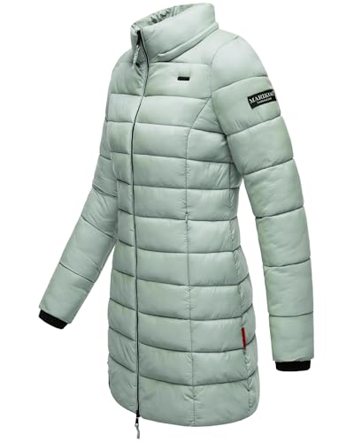 MARIKOO Damen langer Wintermantel warmer Steppmantel mit abnehmbarer Kapuze Abendsternchen Smokey Mint Gr. L