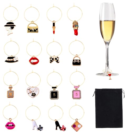 Wine Glass Charms Wine Charms for Stem Glasses 17Pcs Drink Markers with Gold Rings Wines Charm Rings Wines Glass Tags for Bachelorette Wedding Holiday Tasting Party Favors Decorations (Elegant Style)