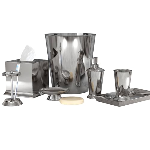 nu steel Madison Metal Bath Accessory Set for Vanity Countertops 6 Piece Includes soap Dish,Toothbrush Holder, Tumbler,soap Lotion,Waste Basket,Tissue Box Holder-Shiny Finish by nu steel - Used condition - US$35.48