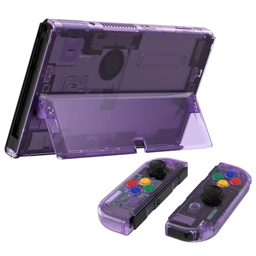 Image of eXtremeRate DIY Full Set Shell Buttons for Nintendo Switch OLED, Crystal Clear Atomic Purple Replacement Back Plate & Kickstand Custom Case Housing for Nintendo Switch OLED JoyCon - No Controller