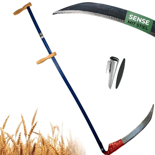 STREND PRO Sense 60 cm mit Metall Sensenstiel + WETZSTEIN & Wetzsteinbehälter | Robuste Handsense für Gras Getreide & Wiesen | Scharfes Sensenblatt | Profi-Sense für Landwirtschaft & Gartenarbeit