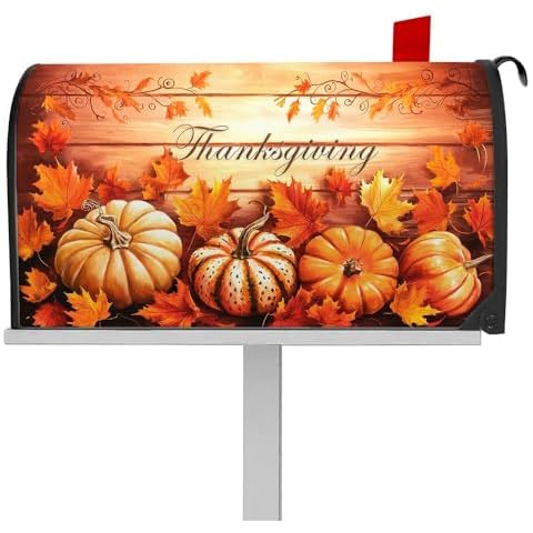 EMMTEEY Thanksgiving Theme with Mail Box Cover Magnetic Standard Size 21X18 Inch Pumpkins and Leaves Fall Post Box Cover Wraps for Outside Garden Yard Courtyard Decor Cover