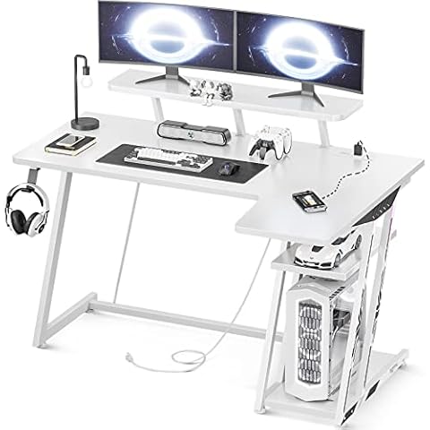 MOTPK Gaming Desk L Shaped, Small Corner Desk with Storage Shelf & Power Outlets, Computer Desk with Monitor Shelf, L Shaped Desk with Carbon Fiber Surface, Gamer Desk Gaming Table, White, 47 Inch Cover