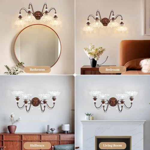 Image of Vintage Bathroom Vanity Light, 4-Light Antique Red Bronze Finish Wall Sconce with Hanging Crystal Accents and Flower-Shaped Clear Glass Shades, Retro Wall Mount Vanity Light Over Mirror for Bathroom