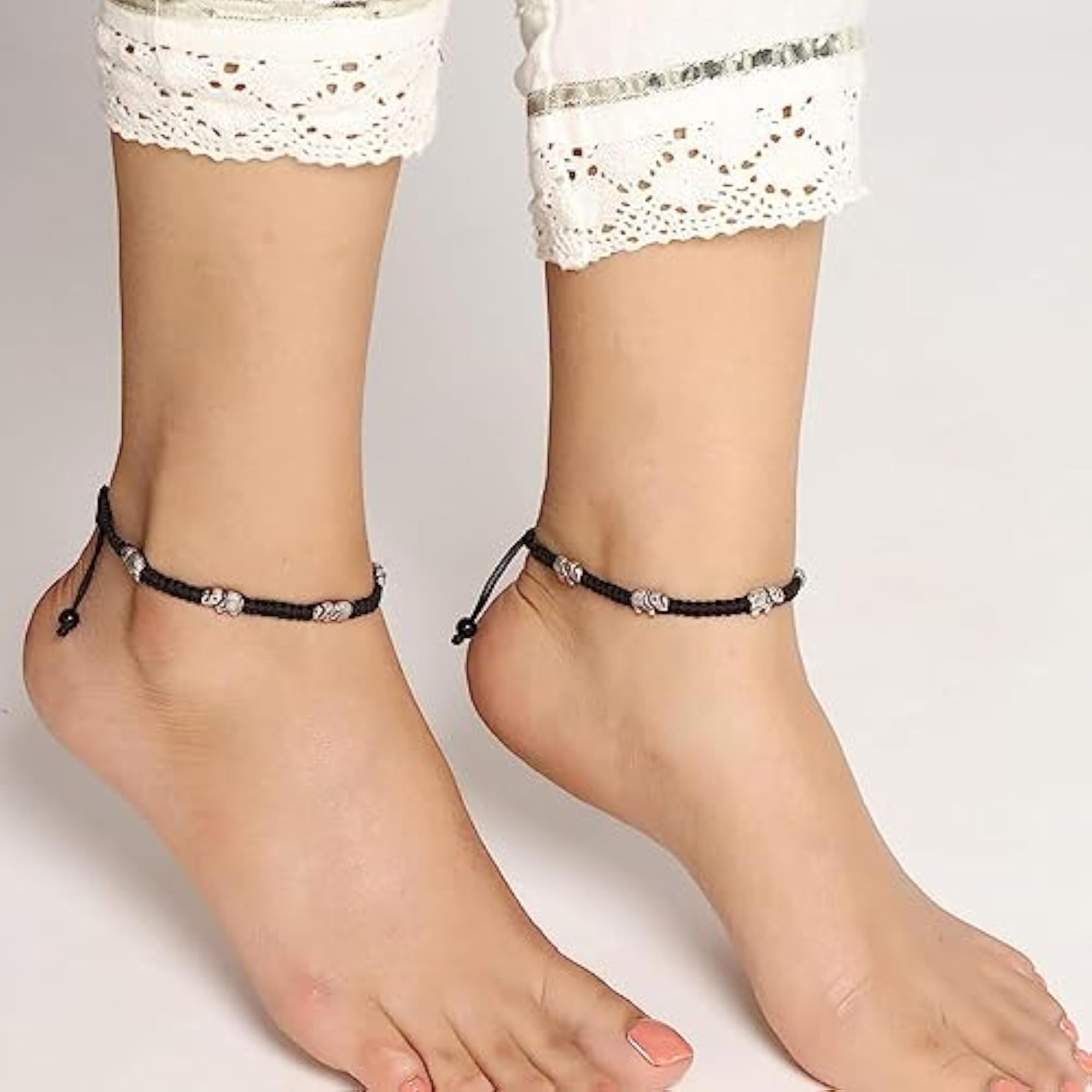Women's Black Thread Anklet with Elephant Charms, Trendy Gift