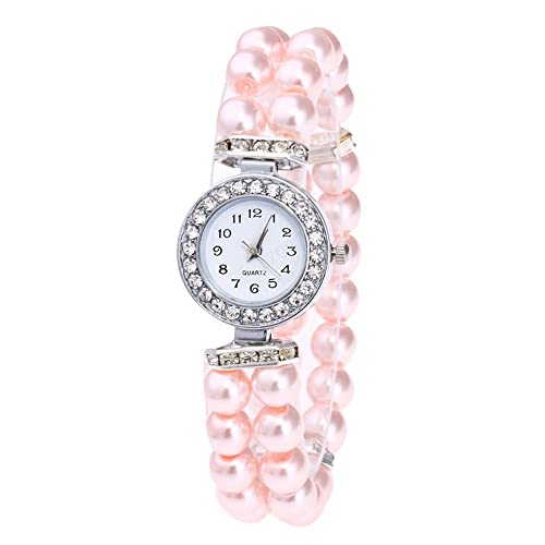 Reloj de pulsera de cuarzo para mujer, correa de perlas de dos tonos, correa de perla, casual, moderno, reloj grande para mujer, rosa, talla única