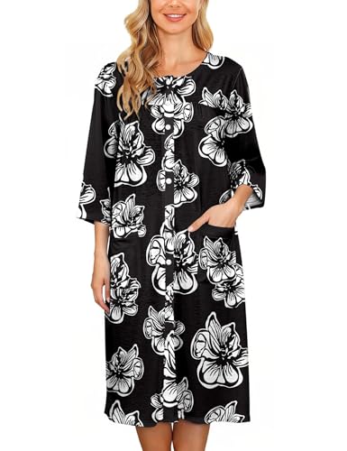 Image of Bloggerlove House Dress Women Cotton Snap Front Nightgown 3 /4 Sleeve Housecoat Duster Robe with Pockets Moomoo Patio Dress