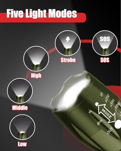 Image of Victoper LED Flashlight 2 Pack Green, Bright Tactical Torch High Lumens 5 Modes, Waterproof Zoomable Flash Light for Outdoor, Birthday Gifts for Men, Dorm Room Hiking Camping Essentials Gear for Guys