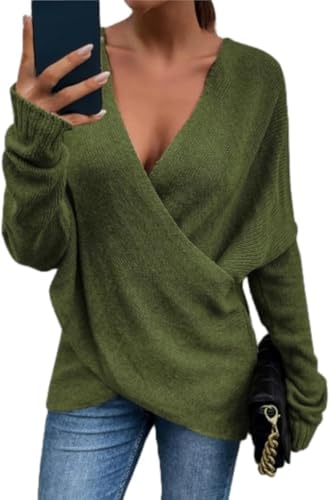 Women's V-Neck Crisscross Sweater Oversized Long Sleeve Cross Wrap Knit Pullover Top Fall Fashion Cute Sweaters (Army Green,XX-Large)