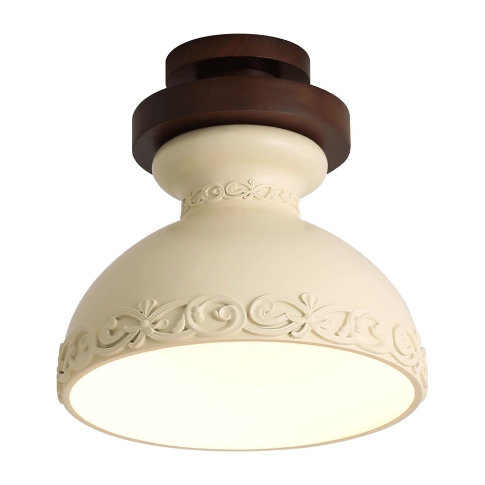 Plafonnier vintage rétro avec abat-jour blanc crème 30 cm et support bois pour couloir sombre