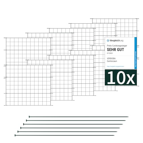 VERDOBA Premium Hundezaun - Gartenzaun Komplettset - Steckzaun 10 Zaunelemente - Teichzaun, Gartenzaun Metall - Zaun für den Garten, Gitterzaun Set Gerade Zaun Garten (10x Gerade, Grün - RAL 6005)