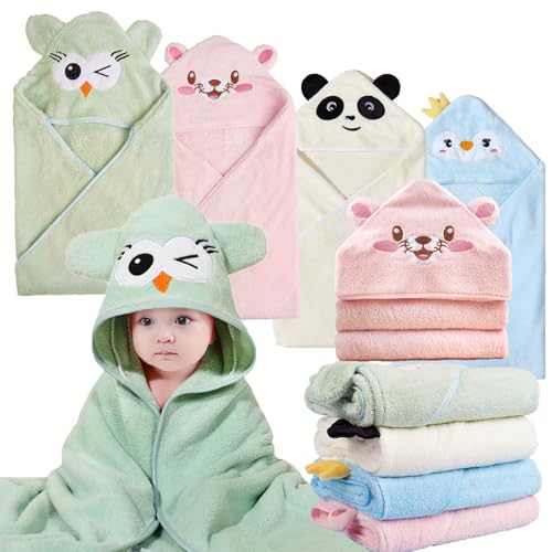 Image of kmilro 4 Styles Hooded Baby Towels, Premium Coral Fleece Ultra Soft Absorbent 32 x 32 Inch Unisex Baby Bath Towel for Newborns, Toddlers, and Kids, Natural Baby Stuff Towel with Hood for Boy and Girl