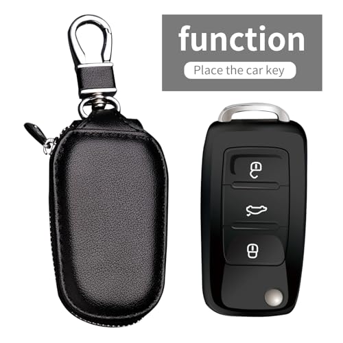 Image of Car Key Case,Universal Auto Key Holder With Metal Hook,Genuine Leather Car Smart Key Chain Keychain Holder Fits For Most Vehicles Black