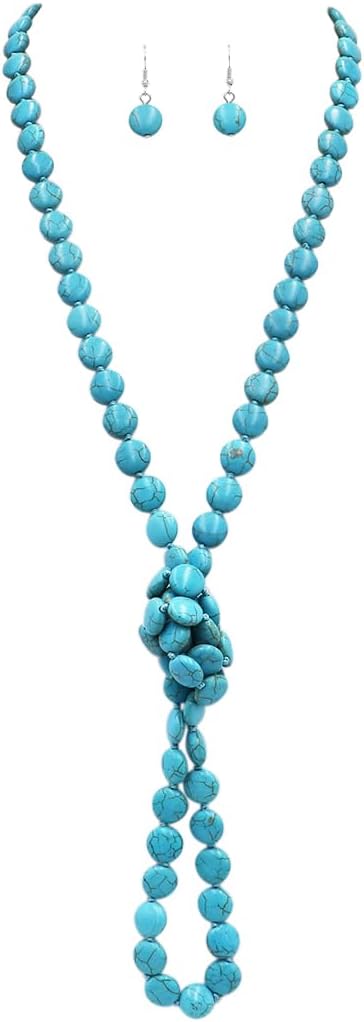 Rosemarie & Jubalee Women's Beautiful Western Inspired Turquoise Howlite Knotted 12mm Flat Bead Endless Necklace Strand And Dangle Earrings Set, 48"