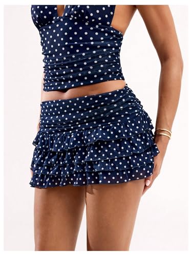 Women's Polka Dots Ruffle Tiered Layered Skirts Low Rise Ruched Y2K A Line Mini Skirt2