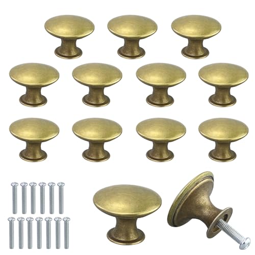JRSHIRLEYLTD Lot de 13 boutons de porte d'armoire dorés en forme de champignon - Trou unique - Rond - Avec vis assorties - Vintage - Pour porte de tiroir de salle de bain