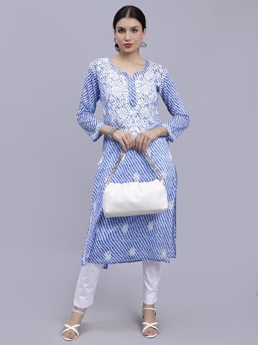 Image of Seva Chikan Hand Embroidered Lucknowi Chikankari Regular Fit Straight Malmal Cotton Kurta Kurti for Women SCL4458