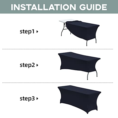 Image of CWK 6FT Waterproof Stretch Spandex Table Cover for Rectangular Tables - Elastic Fitted Tablecloth for Folding Tables,Wrinkle Resistant Table Cloth for Parties, Weddings, Banquets & Events (Navy Blue)