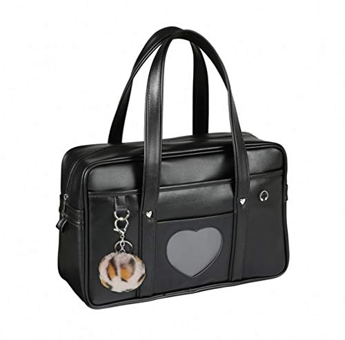 Large Japanese School Bag,Faux Leather Tote Bag with Pink Leopard Pompom (A3 Big Size, Black)