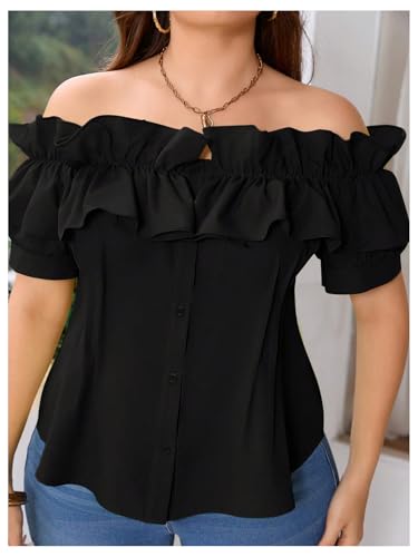 MakeMeChic Women's Plus Size Blouse Off The Shoulder Short Sleeve Ruffle Button Down Shirt4