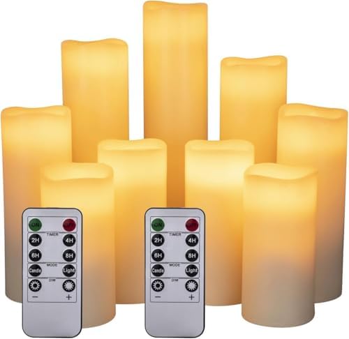 LED Candles,Flameless Candles Φ 2.2" x H 4"/5"/6"/7''/8''/9'' Real Wax Battery Candle Pillars, 10 Key Remote Control with 24 Hour Timer Function (Ivory) (1 * 9)