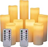 LED Kerzen Set von 9 Flammenlose Kerzen Batteriebetriebene Kerzen D2.2xH 4 5 6 7 8 9 Echtwachssäule Kerzen Flackern mit Fernbedienung und Timer-Steuerung, Elfenbein Farbe（9x1）