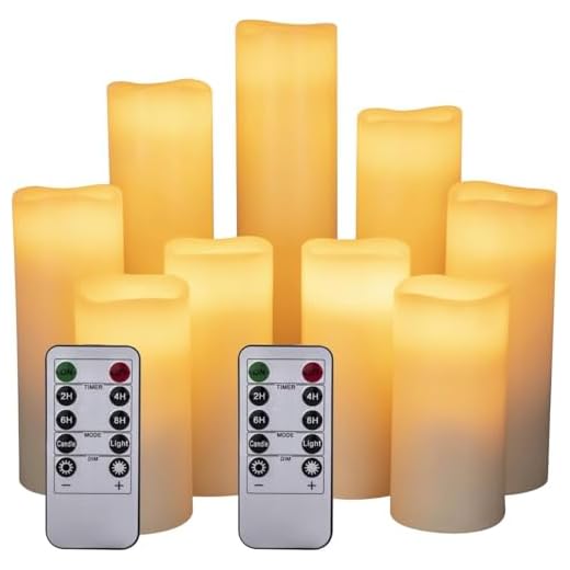 Biyanuo Flameless Battery Operated Led Candles-Set of 9(H 4" 5" 6" 7" 8" 9" x D 2.2") Real Wax Flickering Pillar LED Electric Candles with 10-Key Remote and 24 Hours Timer Ivory