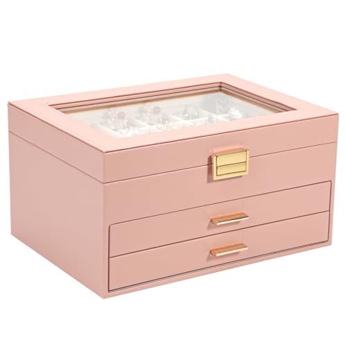 Voova 3-Layer PU Leather Jewelry Box with Glass Lid, Pink