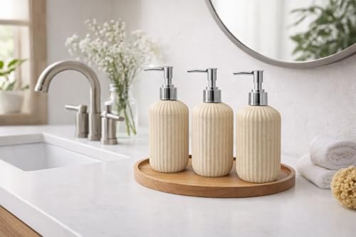 Image of LAGET 300ml Soap Dispenser for Wash Basin - Plane Ribbed Design | Kitchen and Bathroom Accessories Items | Refillable Handwash Dispenser Bottle- Set of 3 (Peach)