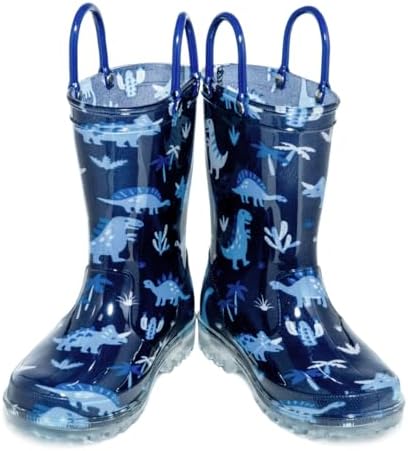 HugRain Toddler Boys Rain Boots Little Kids Baby child Light Up Waterproof Rubber Shoes Dinosaur Printed Mud Lightweight Adorable with Easy-On Handles Non Slip Sole Blue Size 8 - 2