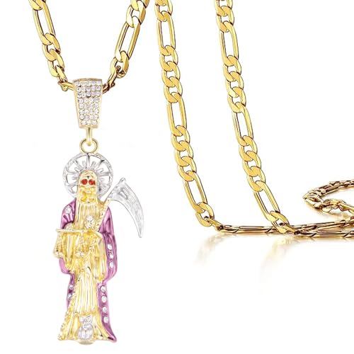 Santa Muerte Necklace Diamond 14K Gold Plated Santa Muerte Pendant Jewelry With Sickle Holiday Gift (Gold 282)