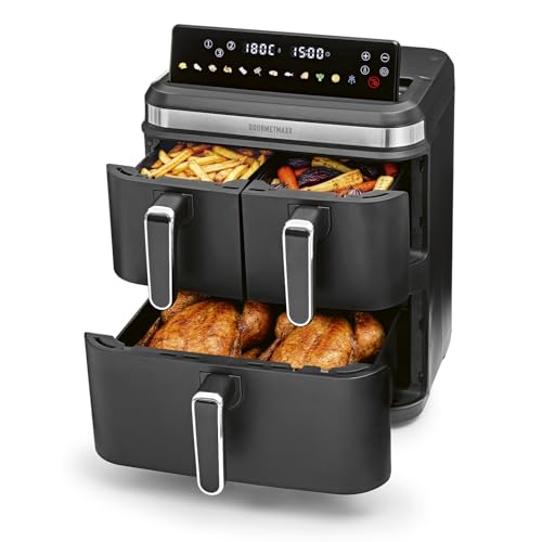 GOURMETmaxx FryUp3 Vertikale Heißluftfritteuse 3 Kammern | Heissluftfritteuse XXL 17 Liter | Airfryer mit Multi-Colour-Klapp-Touchdisplay | Air Fryer Friteuse für 12 Personen | 12 One-touch-Programme