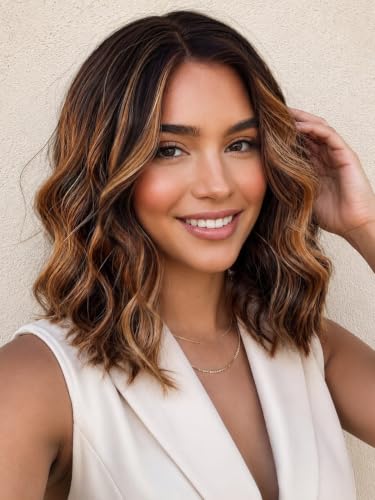 Image of Eawwii Wigs for Women Brown Caramel Highlight,Short Wavy Synthetic Lace Wig