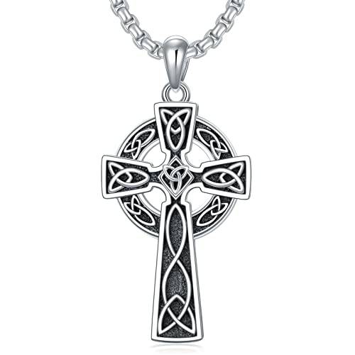 Irish Cross Necklace for Men Sterling Silver Celtic Knot Cross Pendant with 22”+2” Stainless Steel Chain Shamrock Tree fo Life Gift for Men Women