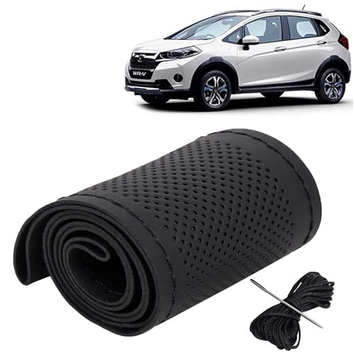Image of KINGSWAY PU Leatherite Car Steering Cover Sewable Compatible with Honda WRV (Year 2017-2019), Black Color with Black Thread, Pack of 1 with Sewing Needle and Thread