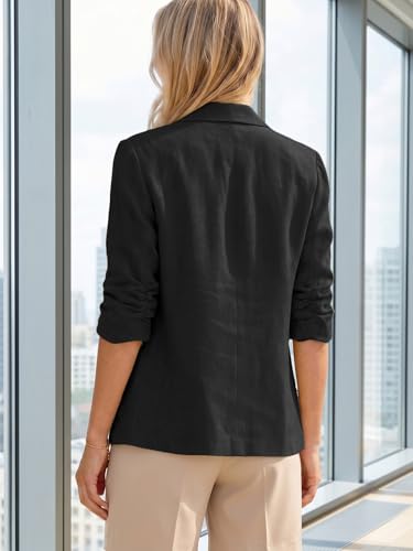 Image of Mina Self 2026 Summer Women's Linen Blazer Jacket - Lightweight Breathable 3 /4 Stretchy Ruched Sleeve Casual Work with Pocket