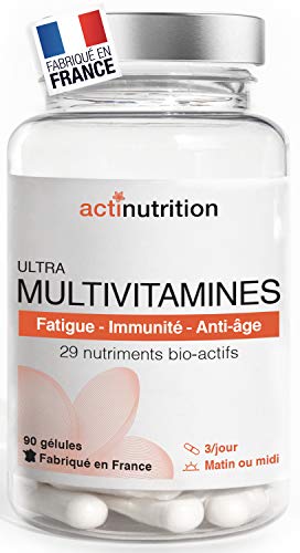 ULTRA Multivitamines | 29 Nutriments Bio-actifs dont Vitamines C & D + Probiotiques Ultra-assimilables | 90 gélules | Pour Vitalité, Immunité et Stress | Fabriqué en France par Actinutrition